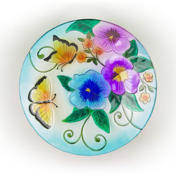 Alpine Corporation 18 in. Glass Birdbath Topper with Colorful Butterfly and Flowers