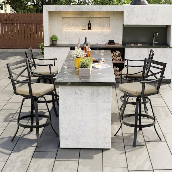 Swivel Cast Aluminum Outdoor Bar Stool with Beige Cushion (4-Pack)