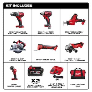 M18 18V Lithium-Ion Cordless Combo Tool Kit (7-Tool) with Two 3.0 Ah Batteries, Charger, Tool Bag and Drill Bit Set