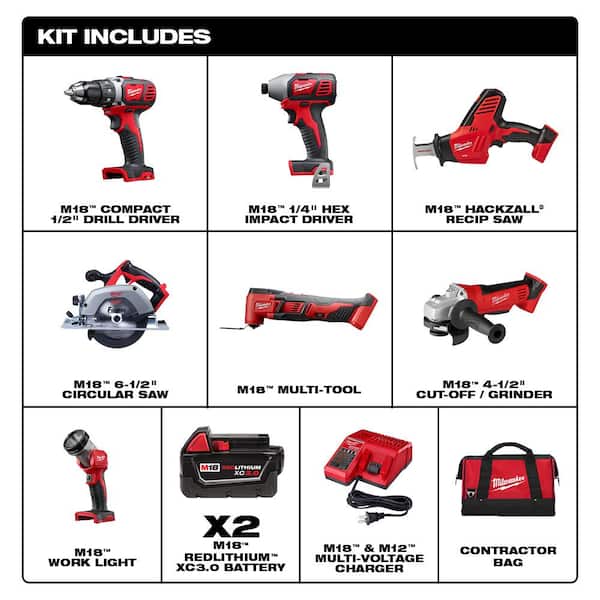 M18 18V Lithium-Ion Cordless Combo Kit (7-Tool) with Two 3.0 Ah Batteries, Charger and Tool Bag