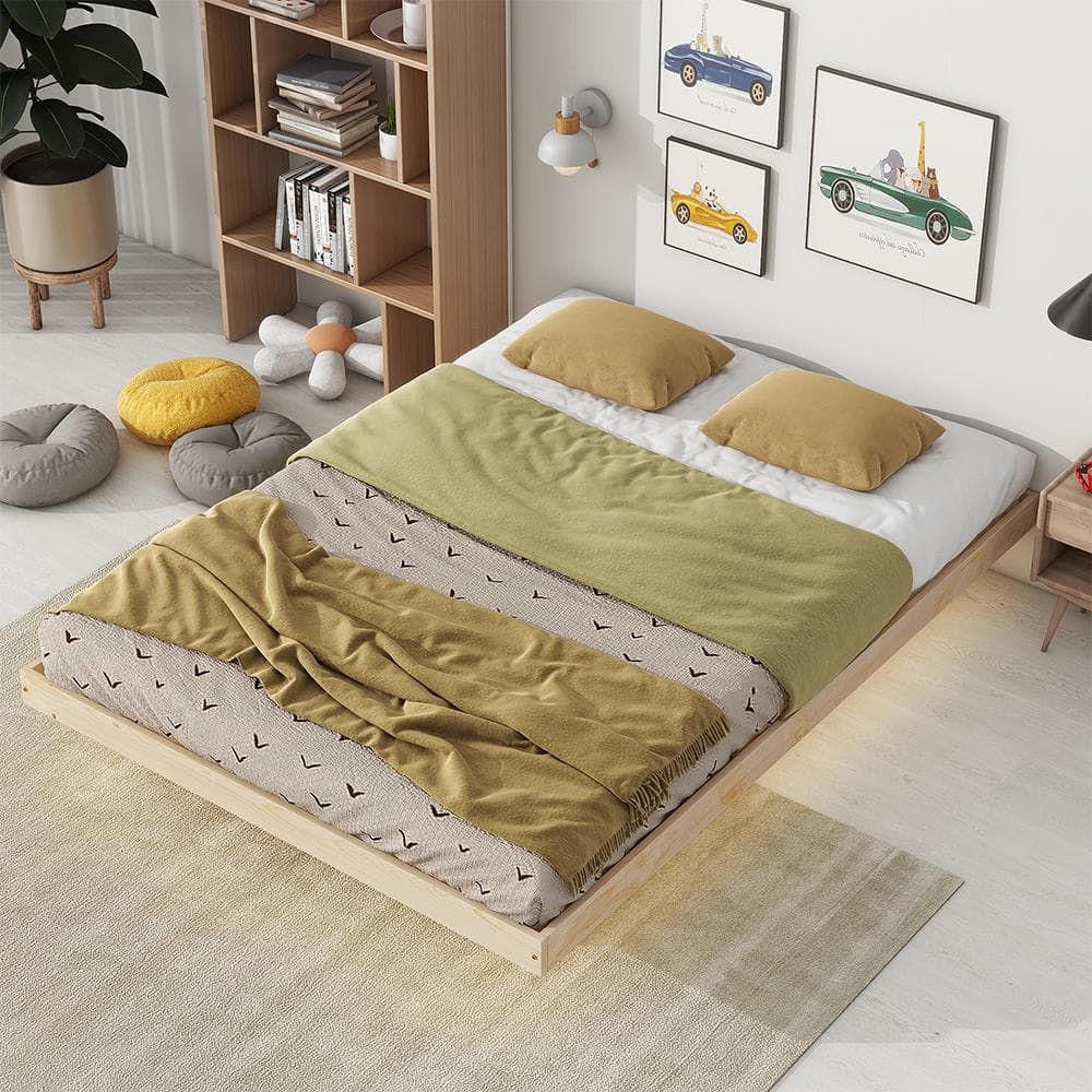 YOFE Modern Low Profile Natural Light Brown Wood Frame Floating Full ...