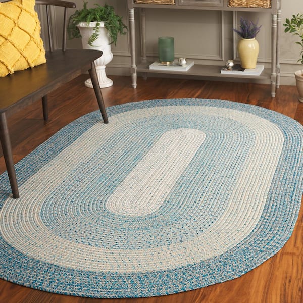 Braided Blue/Aqua 8 ft. x 10 ft. Machine Washable Solid Striped Border Oval Area Rug