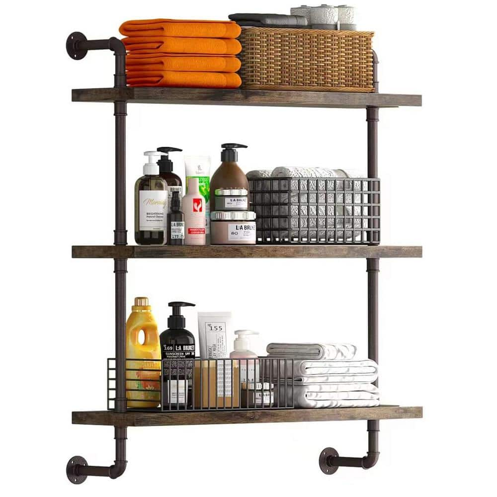 24 in. W x 9.85 in. D 2 Tier Retro Rustic Farmhouse Pipe Industrial Wall Shelves Bathroom Shelves Decorative Wall Shelf