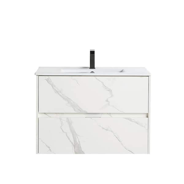 VANITYFUS 30 in. W x 18 in. D Bath Vanity in White Marble Grain with Vanity Top in White with White Basin
