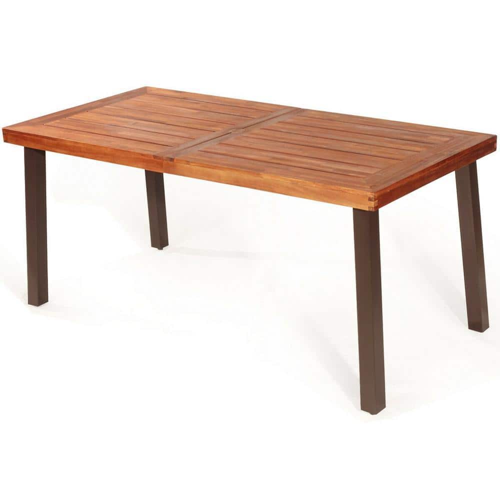 Rectangular Acacia Wood Outdoor Dining Table with Umbrella Hole and Steel Legs for Garden Park Poolside