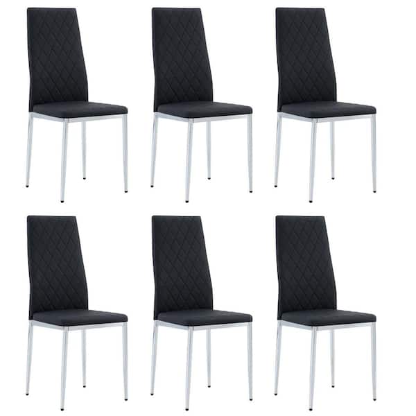 Angel Sar Black PU Leather Checkered Armless High Back Dining Chair with Metal Legs for Restaurants and Living Rooms (Set of 6)
