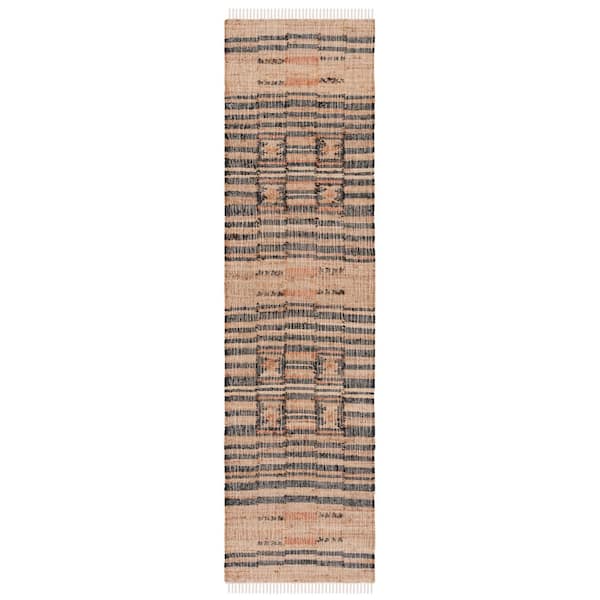 Kilim 2 ft. x 13 ft. Natural/Black Aztec Striped Runner Rug
