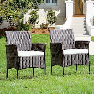 Cushioned Wicker Outdoor Arm Patio Dining Chair Sofa Furniture with White Cushion (2-Pack)