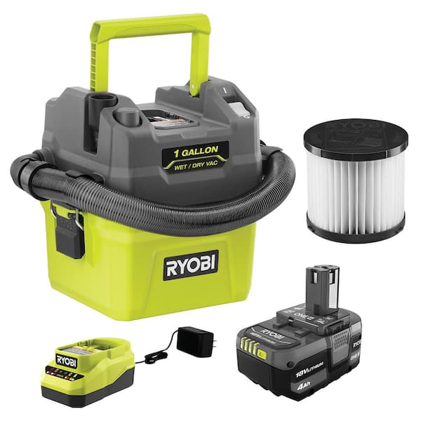 RYOBI ONE+ 18V Cordless 1 Gal. Wet/Dry Vacuum Kit with 4.0 Ah Battery, Charger, and Replacement Filter