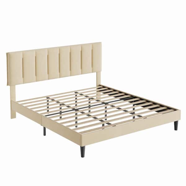 Modern Bed Frame, Beige Metal Frame King Platform Bed with Velvet Upholstered Headboard, Heavy Duty Bed Frame