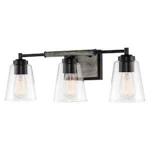 Crestline 23.25 in. 3-Lights Black with Gray Oak Wood Style Modern Bathroom Vanity Light