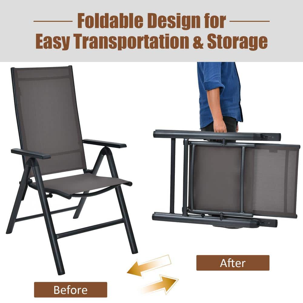 Gray Aluminum Folding Dining Chairs with Adjustable Reclining Backrest, Set of 2