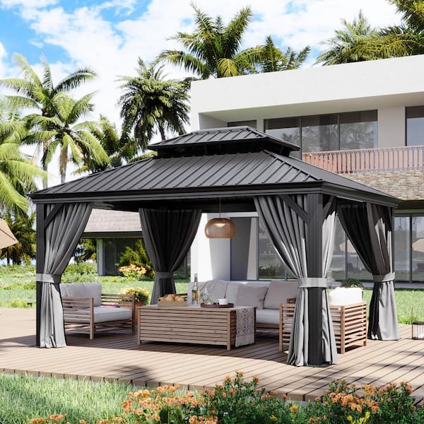 Sizzim 12 ft. x 14 ft. Outdoor Double Roof Hardtop Gazebo with Gutters, Aluminum Frame, Ceiling Hook, Netting and Curtains