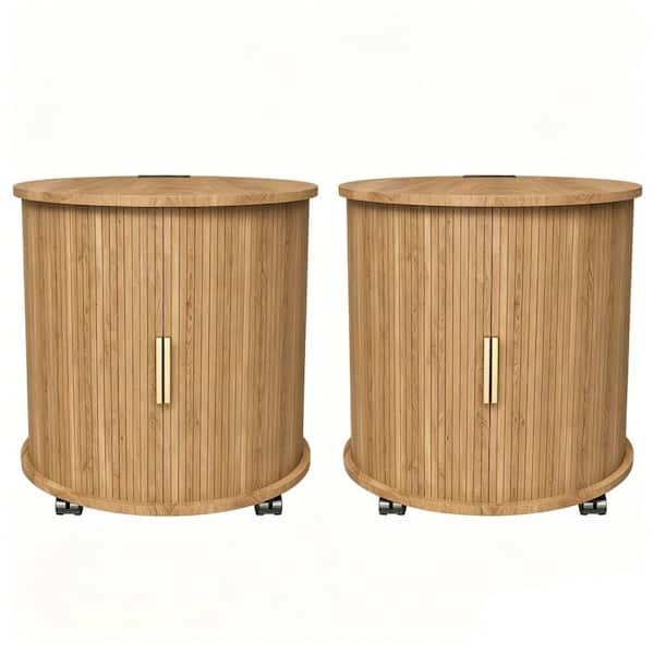 2pcs 2-Tier Nightstand,End Table,Side Table,Bedside Table with USB Ports,Built-in Charging Station&Sliding Door in Oak