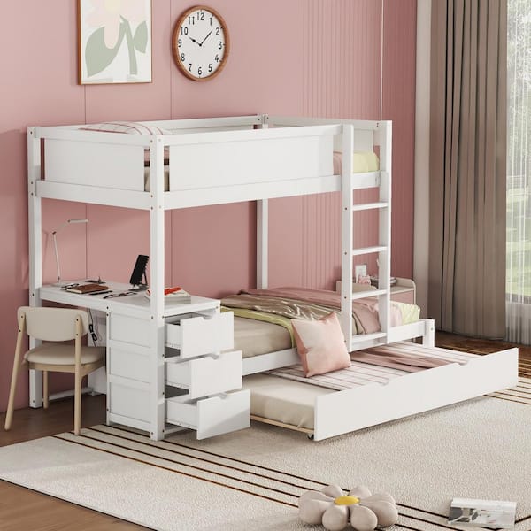 Harper & Bright Designs White Twin over Twin Wood Bunk Bed with 3-Drawer, Built-in Desk, USB Charging Station and Twin Size Trundle