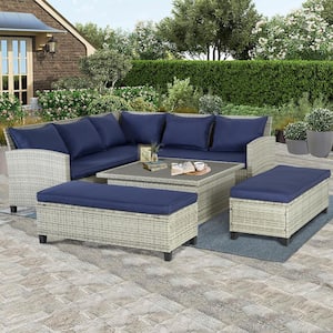 Modern 6-Piece Outdoor Wikcer Sectional  Furniture Set with Navy Cushions and Adjustable Height Table,PS-wood table top