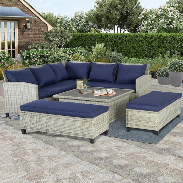 FOREST HOME Modern 6-Piece Outdoor Wikcer Sectional  Furniture Set with Navy Cushions and Adjustable Height Table,PS-wood table top