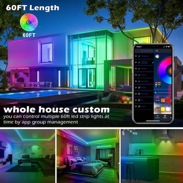 60 ft. Integrated LED Multicolor Strip Light Fixture, RGB Color Changing, Bluetooth App Control, Plastic, 3000K