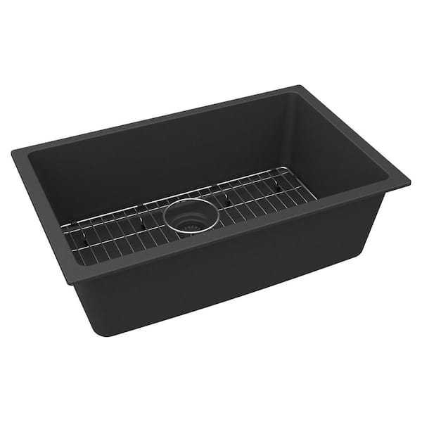 Quartz Classic 30 in. Undermount Single Bowl Matte Black Granite/Quartz Composite Kitchen Sink Kit w/ Accessories