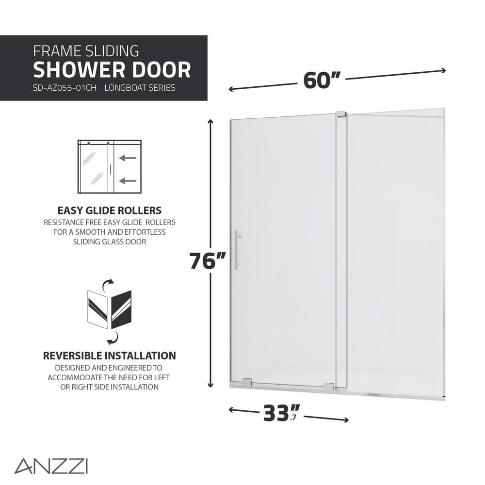 Polished Chrome Semi-Frameless Sliding Shower Door with Tsunami Guard