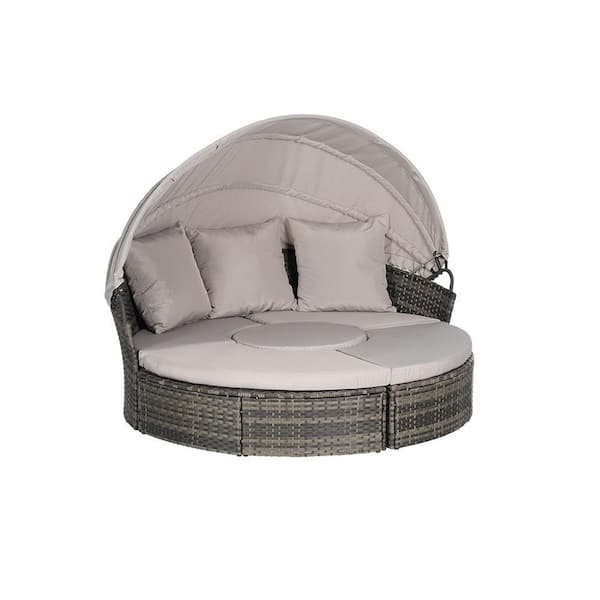 Sudzendf 5-Pieces Gray Wicker Outdoor Patio Day Bed with Light Gray Cushions and Canopy