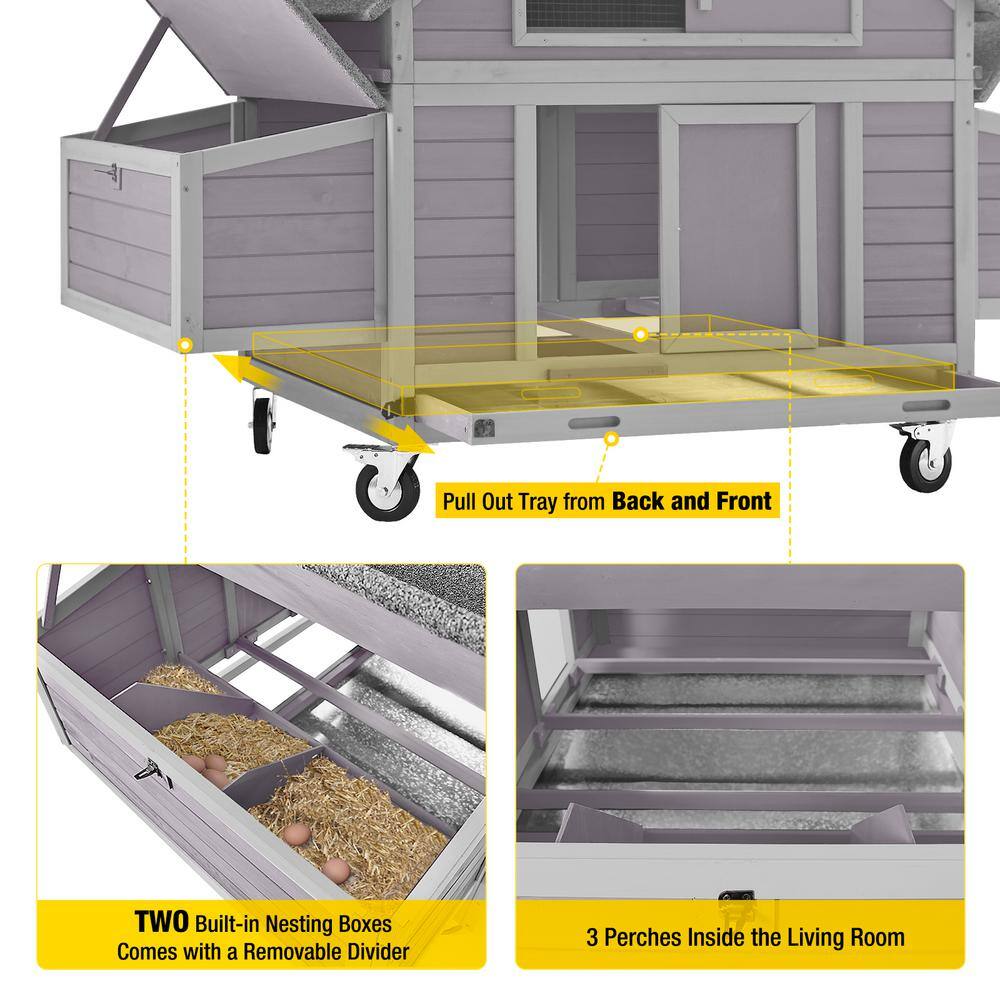 Gray Wooden Portable Chicken Coop with Wheels and Nesting Box