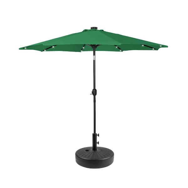 WESTIN OUTDOOR Marina 9 ft. Patio Solar LED Market Umbrella with Black Round Free Standing Base in Dark Green
