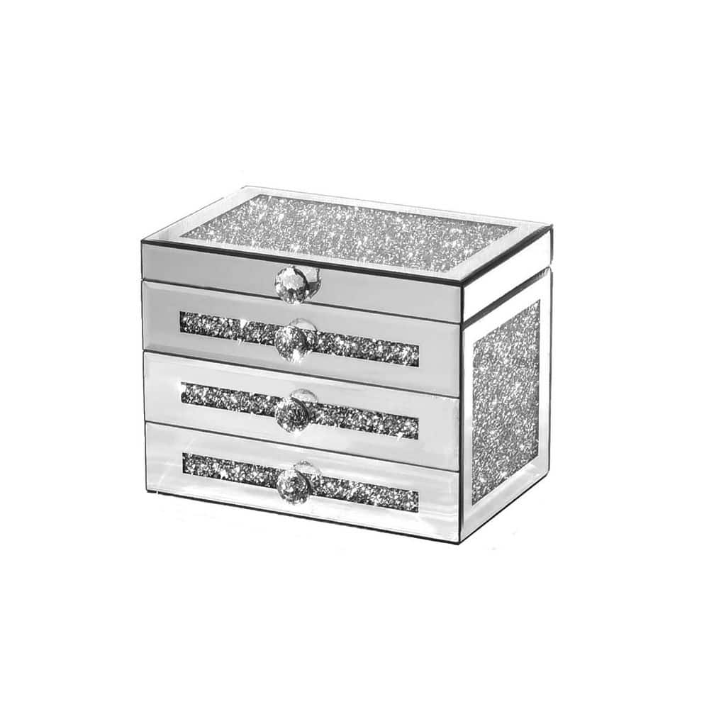 3-Layer Silver Rectangular Glass Jewelry Box with Lid (2 Drawers