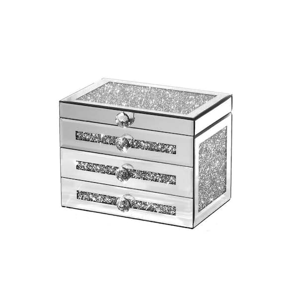 3-Layer Silver Rectangular Glass Jewelry Box with Lid (2 Drawers)