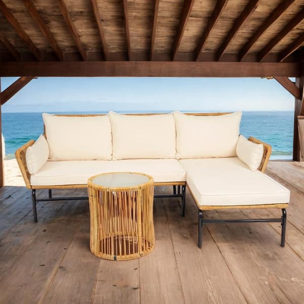 Unbranded Wicker Outdoor Sectional Set Sectional Set with Light Yellow Cushions