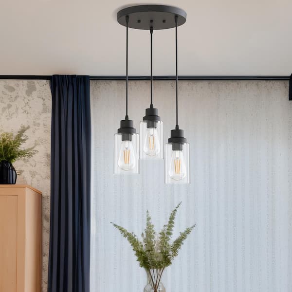 3-Light Black Pendant Light with Cylinder Clear Glass Shades, Industrial Kitchen Island Lighting for Dining Room