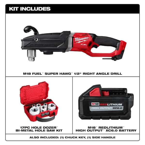 M18 FUEL 18V SUPER HAWG 1/2 in. Right Angle Drill w/6.0Ah Battery & Hole Dozer Set (17-Pc)