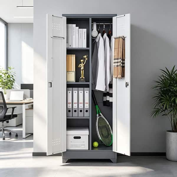 64.96 in. H Metal Storage Cabinet Tall Broom Tool Storage Cabinet with Locking Doors and Shelves Garage Storage Cabinet