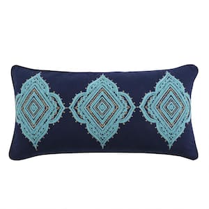 Amelie Navy, Teal, Gold Medallion Embroidered 12 in. x 24 in. Throw Pillow
