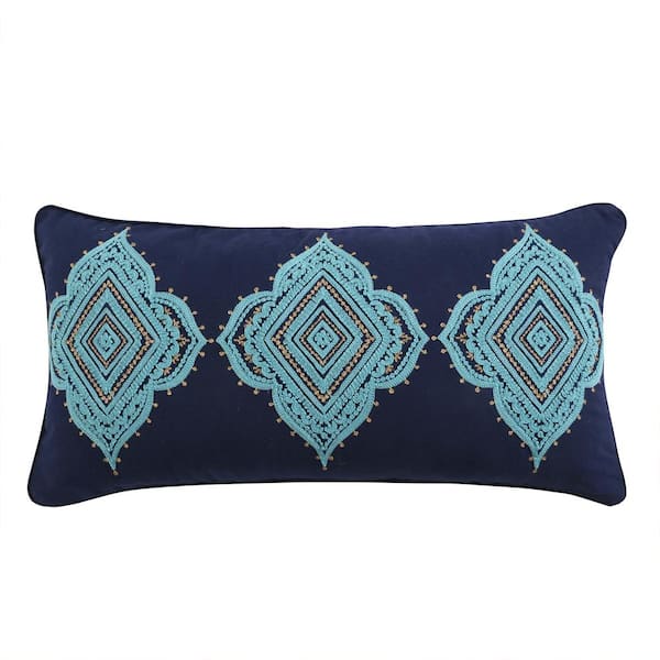 LEVTEX HOME Amelie Navy, Teal, Gold Medallion Embroidered 12 in. x 24 in. Throw Pillow