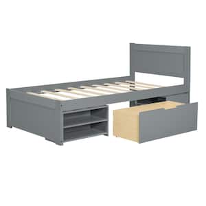 Gray Wood Frame Twin Size Platform Bed With 1 Spacious Drawer and 2 Shelves with Wheels