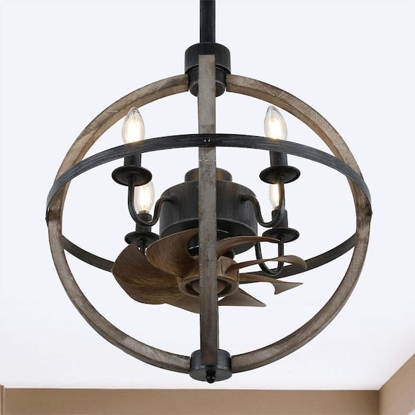 Oaks Aura Teresa 15in.Indoor Black Rustic Charm Ceiling Fan With Lights, Farmhouse Industrial 3-Speed Wooden Ceiling Fan w/Remote
