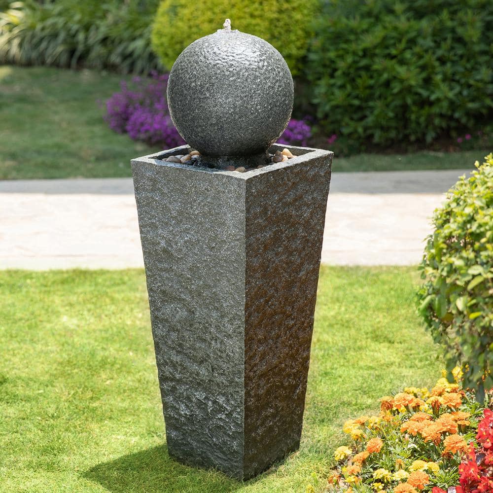Modern Gray Polyresin Pedestal Fountain with LED Light