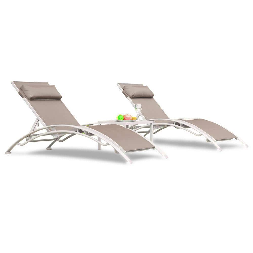 Metal Outdoor Patio Chaise Lounge w/Adjustable Backrest & Removable Pillow in Khaki (2 Lounge Chairs+ 1 Table, Set of 3) price history on PriceWatchPro