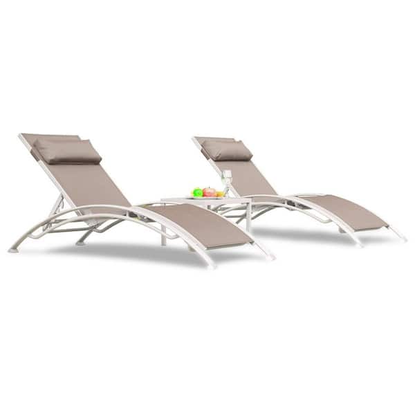 Sudzendf Metal Outdoor Patio Chaise Lounge w/Adjustable Backrest & Removable Pillow in Khaki (2 Lounge Chairs+ 1 Table, Set of 3)