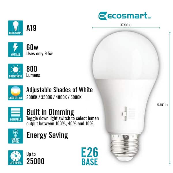 60-Watt Equivalent A19 E26 Base CEC Built in Dimming LED Light Bulb with Selectable Color Temperature (1-Pack)