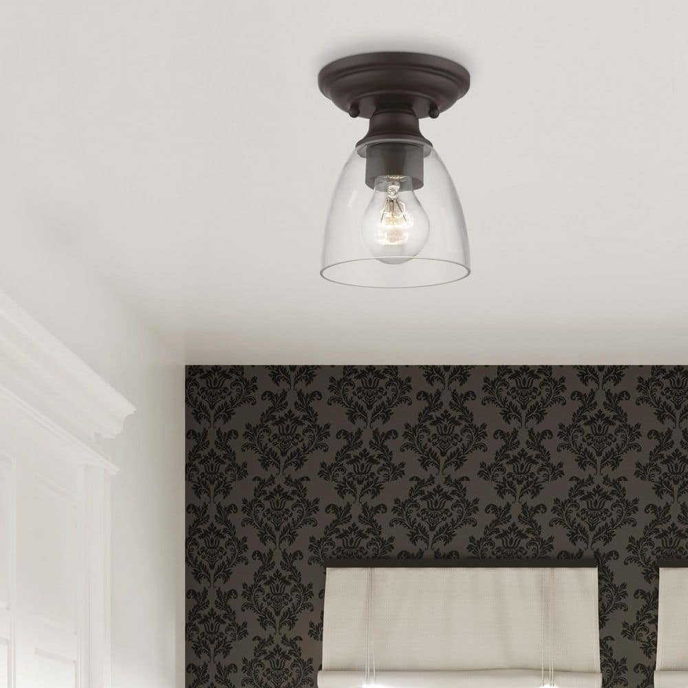 Bronze Contemporary 1-Light Flush Mount with Clear Hand-Blown Glass