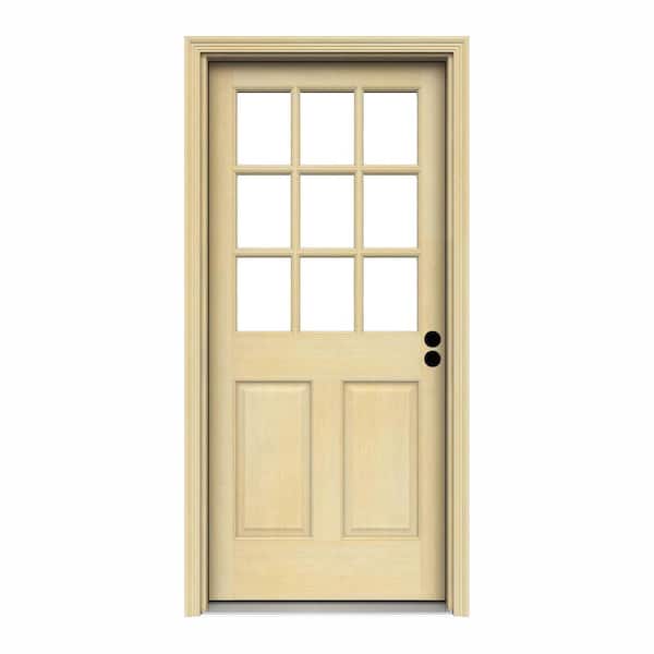 JELD-WEN 36 in. x 80 in. 9-Lite Unfinished Wood Prehung Left-Hand Inswing Entry Door with Unfinished AuraLast Jamb and Brickmold