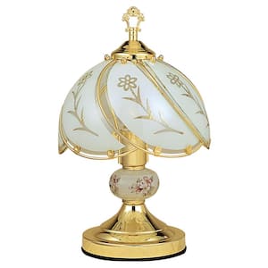 14 in. Gold Bedside Table Lamp with White Flowers Novelty Shade