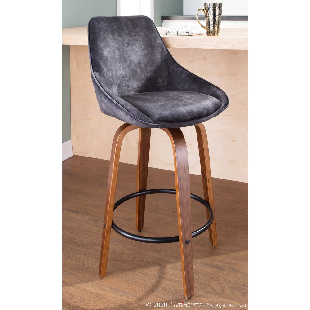 Diana 18.5" Swivel Counter Stool in Grey Velvet and Walnut Wood