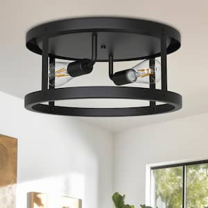 2-Light 12.6 in. Matte Black Drum Flush Mount Ceiling Light