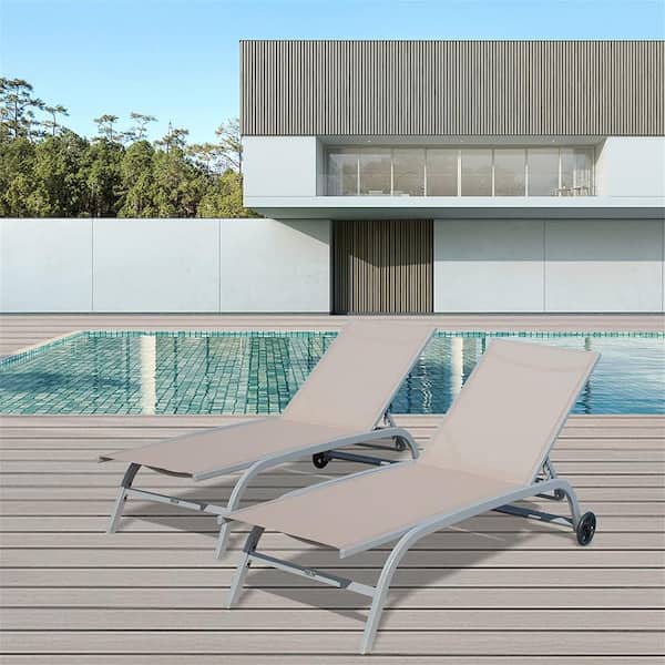 Cesicia Grey Frame Adjustable Backrest 2-Piece Metal Outdoor Chaise Lounge on Wheels in Khaki