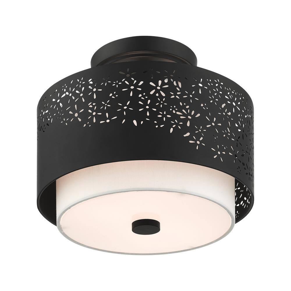 Black Steel Drum Semi-Flush Mount with Laser Cut Shade