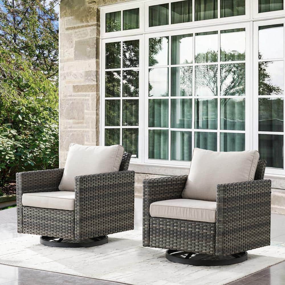 Gray Wicker Outdoor Rocking Armchair with Beige Cushions