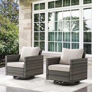 Gray Wicker Outdoor Rocking Chair, Patio Swivel Gliders with Beige Cushions for Porch or Balcony (2-Pack)